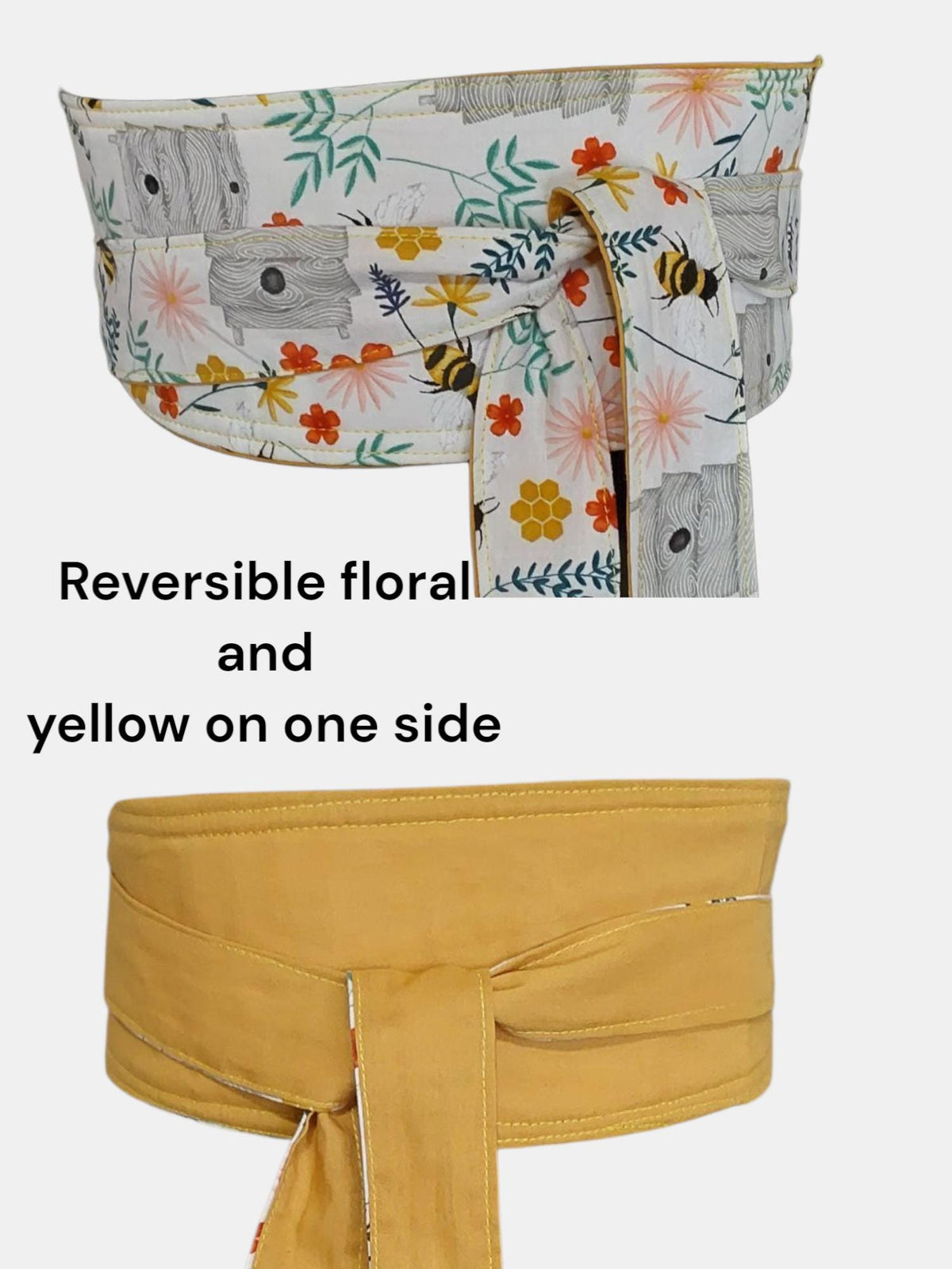 Reversible Floral Obi Belt: Bee & Wildflower Print, Yellow or Teal