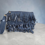 Handcrafted Denim Fringe Zipper Pouch, Boho Wristlet Clutch Bag