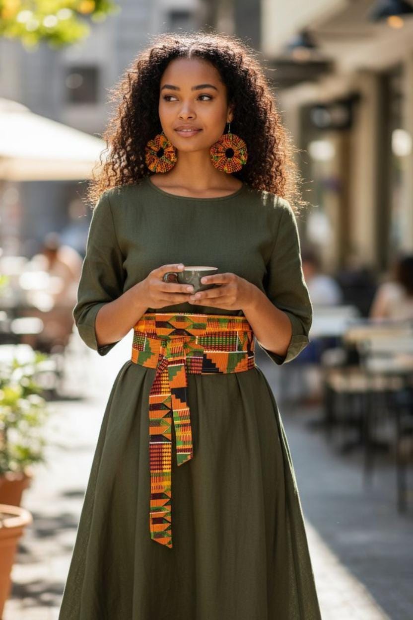 African Print Obi Belt: Handmade Burgundy Cream Geometric Waist Cincher