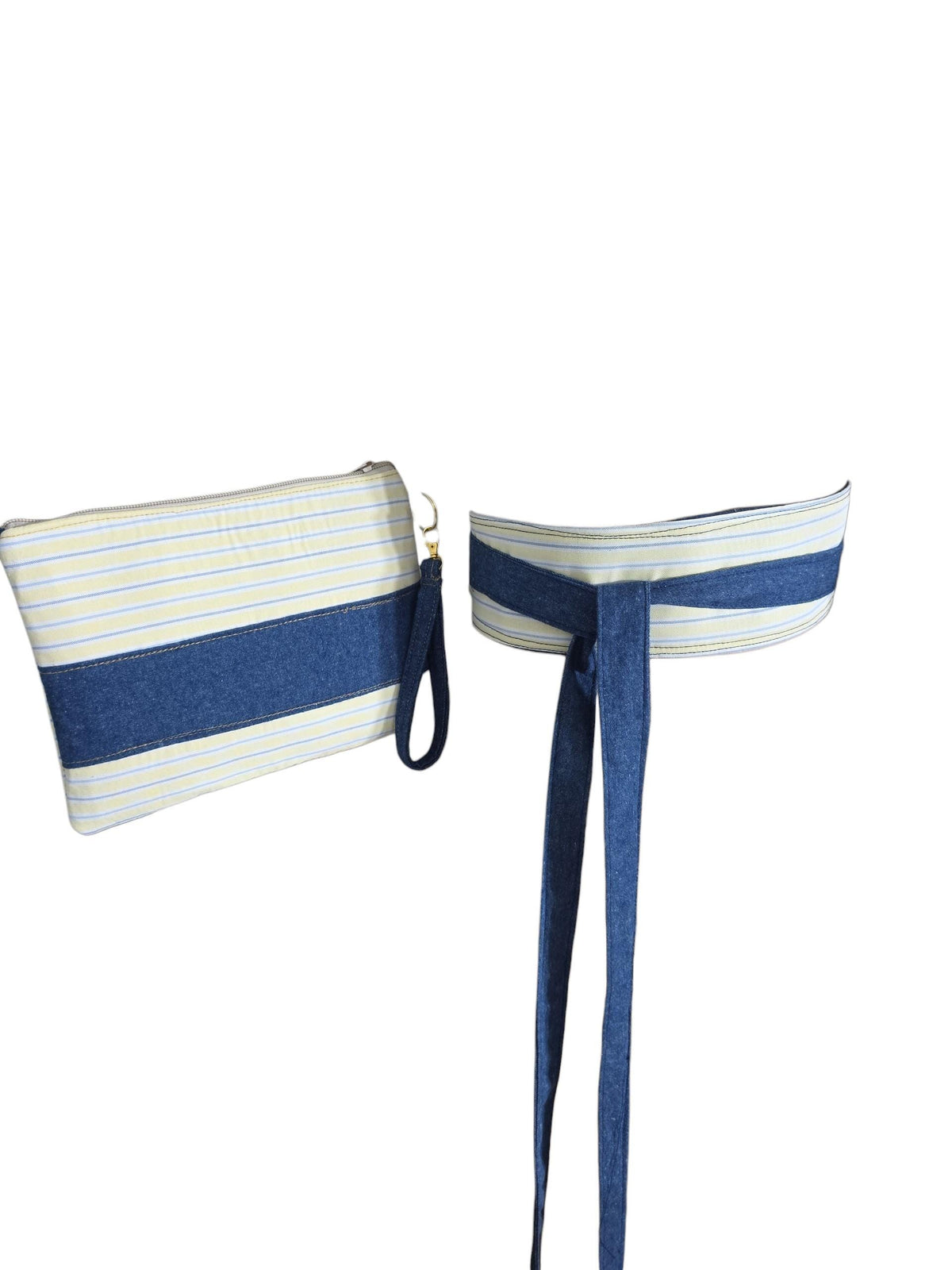 Handmade Obi Belt and Matching Zipper Pouch Set | Denim & Stripe Cotton | Women's Accessories