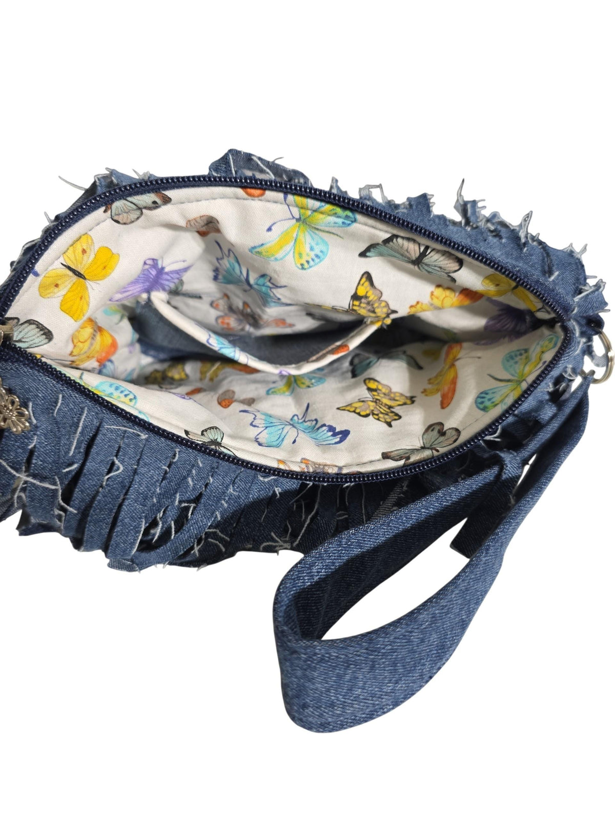 Handcrafted Denim Fringe Zipper Pouch, Boho Wristlet Clutch Bag