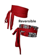 Handmade Reversible Obi Belt: Red & Black Floral Cotton Wrap