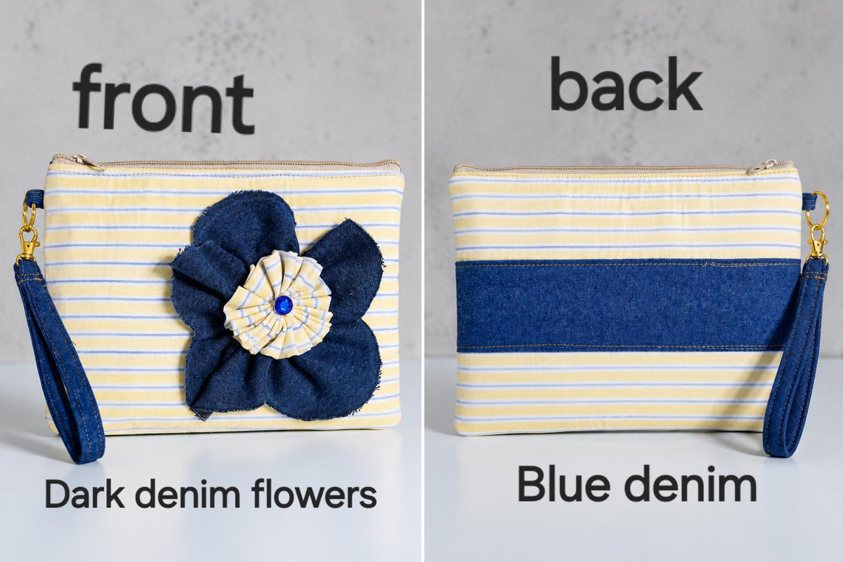 Handmade Obi Belt and Matching Zipper Pouch Set | Denim & Stripe Cotton | Women's Accessories