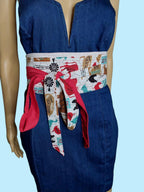 Reversible Obi Belt: Travel Print & Solid Red Cotton Waist Wrap