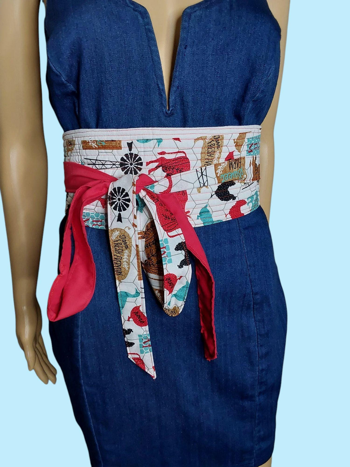 Reversible Obi Belt: Travel Print & Solid Red Cotton Waist Wrap