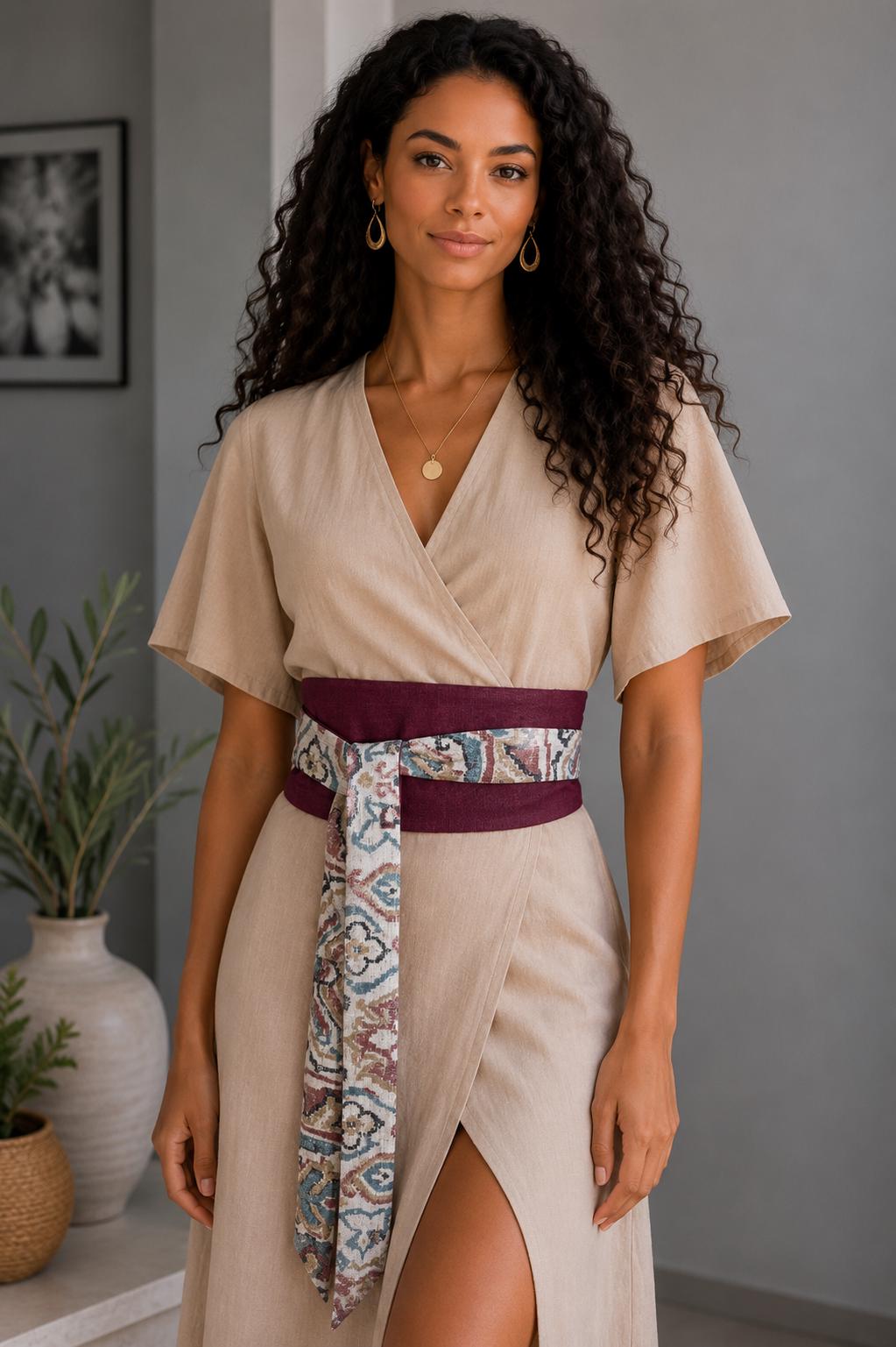 Reversible Paisley Burgundy Obi Wrap Belt | Wide Cotton Waist Tie Sash