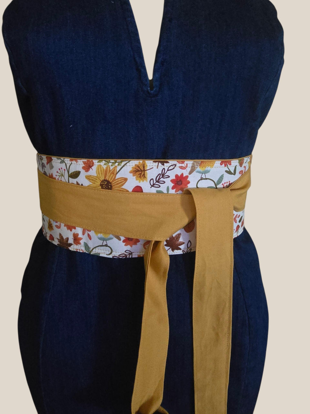 Reversible Fall Floral Obi Belt – Handmade Wrap Belt in Mustard, Green, and Autumn Blooms