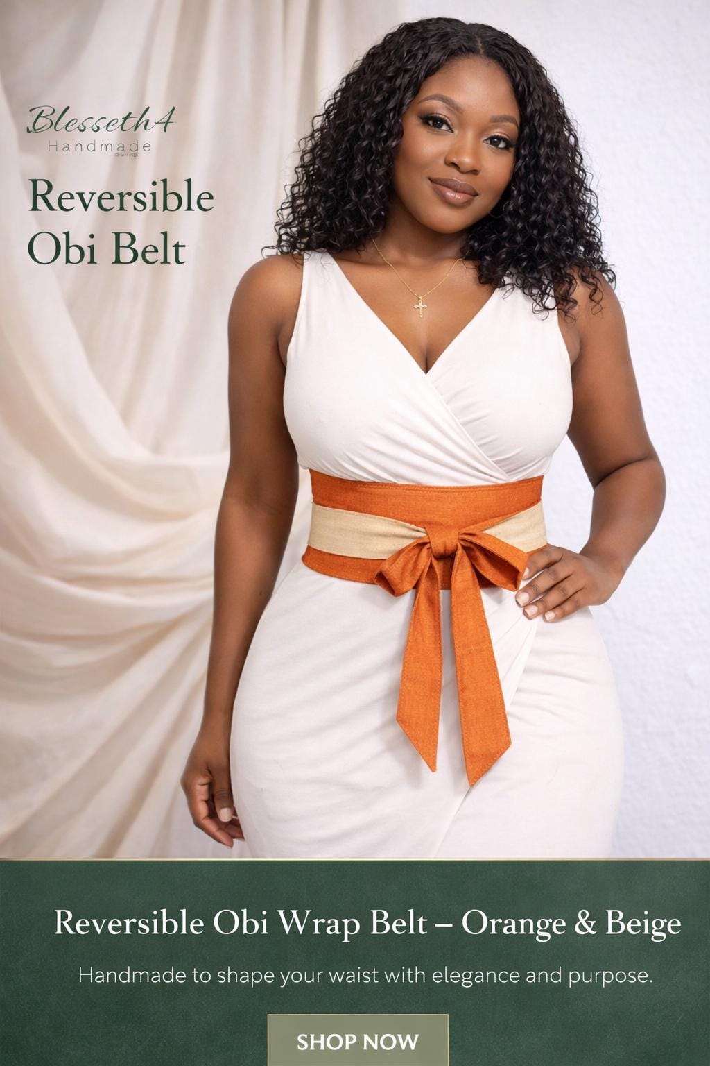 Handmade Cotton Obi Belt: Vibrant Orange Wrap Waist Tie, Sage Burnt Orange