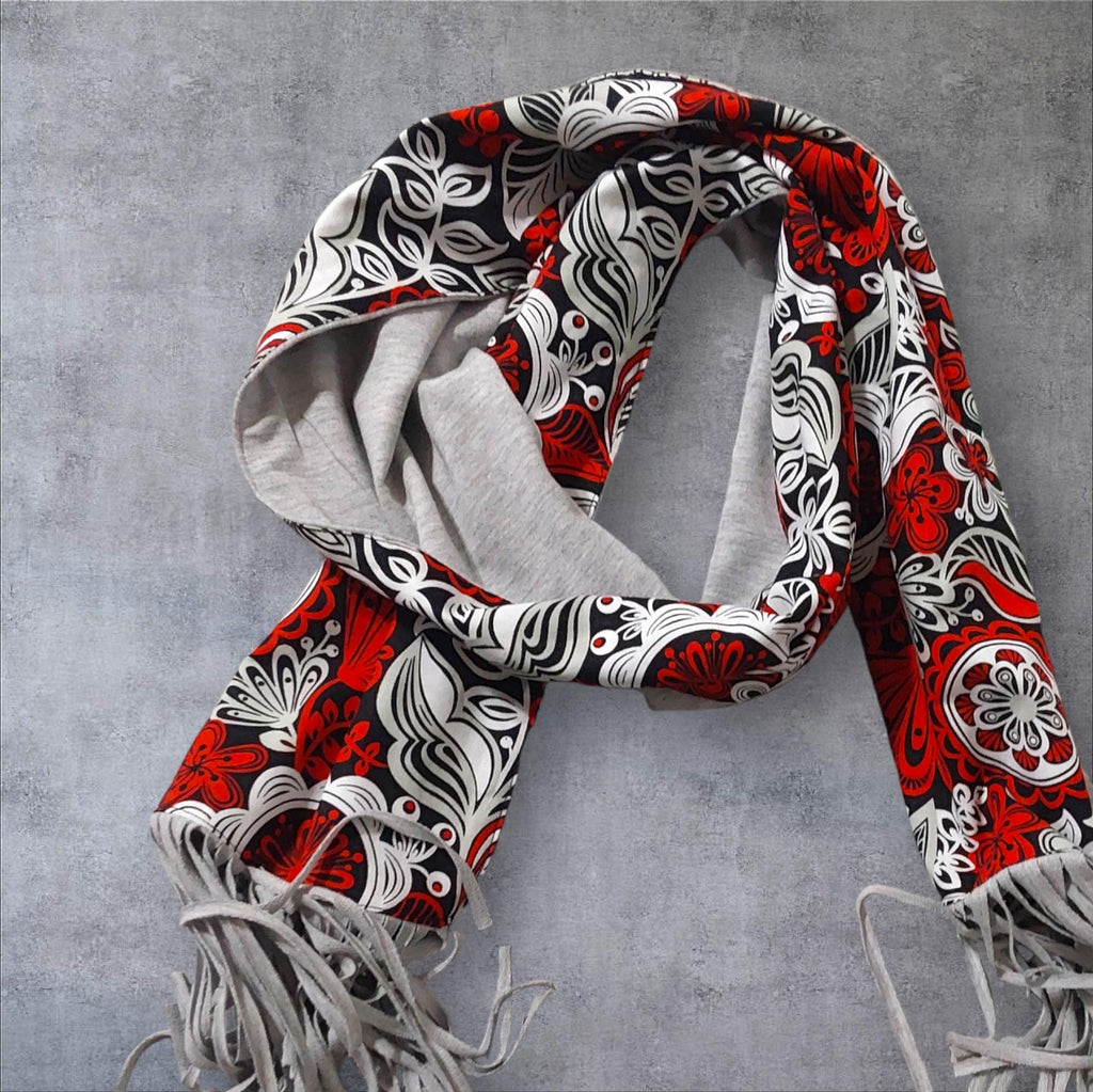 Handmade Floral Scarf: Red White Cotton Blend with Fringe