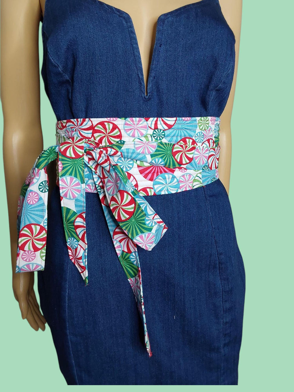 Peppermint Swirl Reversible Obi Belt | Festive Wrap Belt | Colorful Cotton Waist Cincher | Handmade
