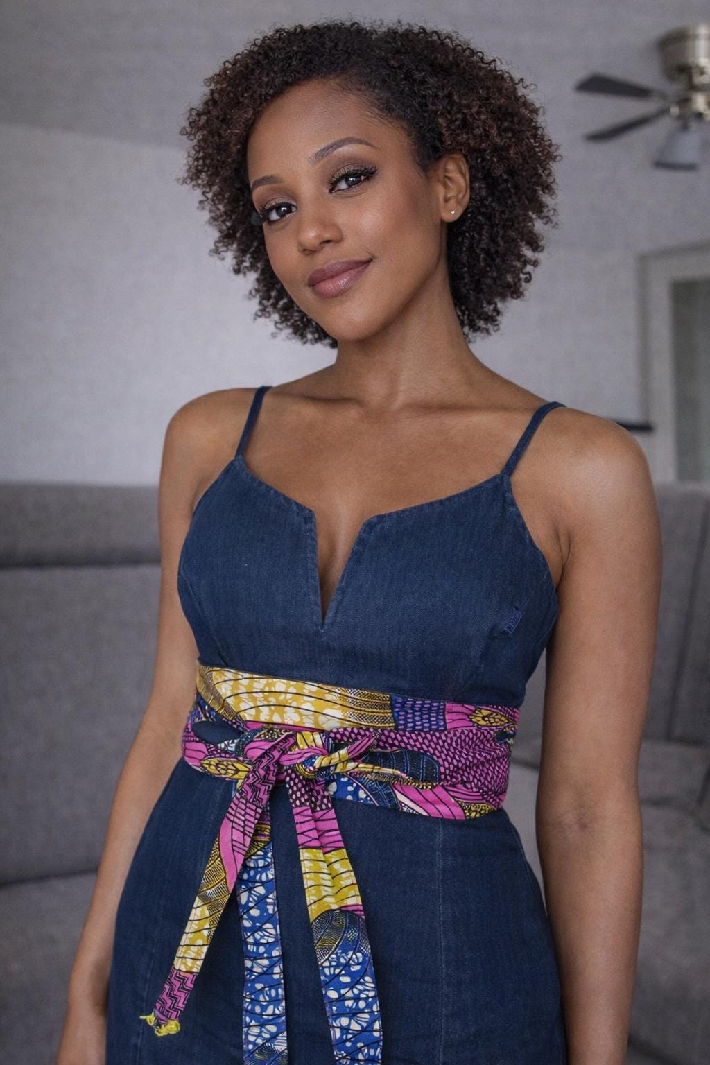 Reversible Denim Obi Belt: African Print Cotton Waist Wrap