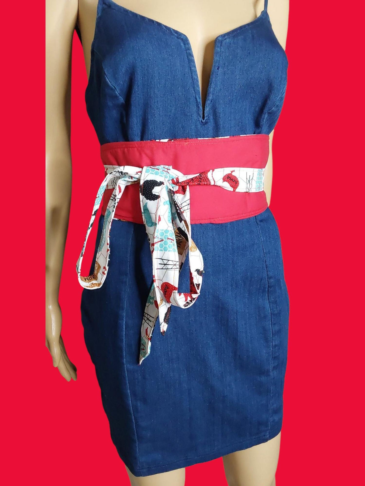 Reversible Obi Belt: Travel Print & Solid Red Cotton Waist Wrap