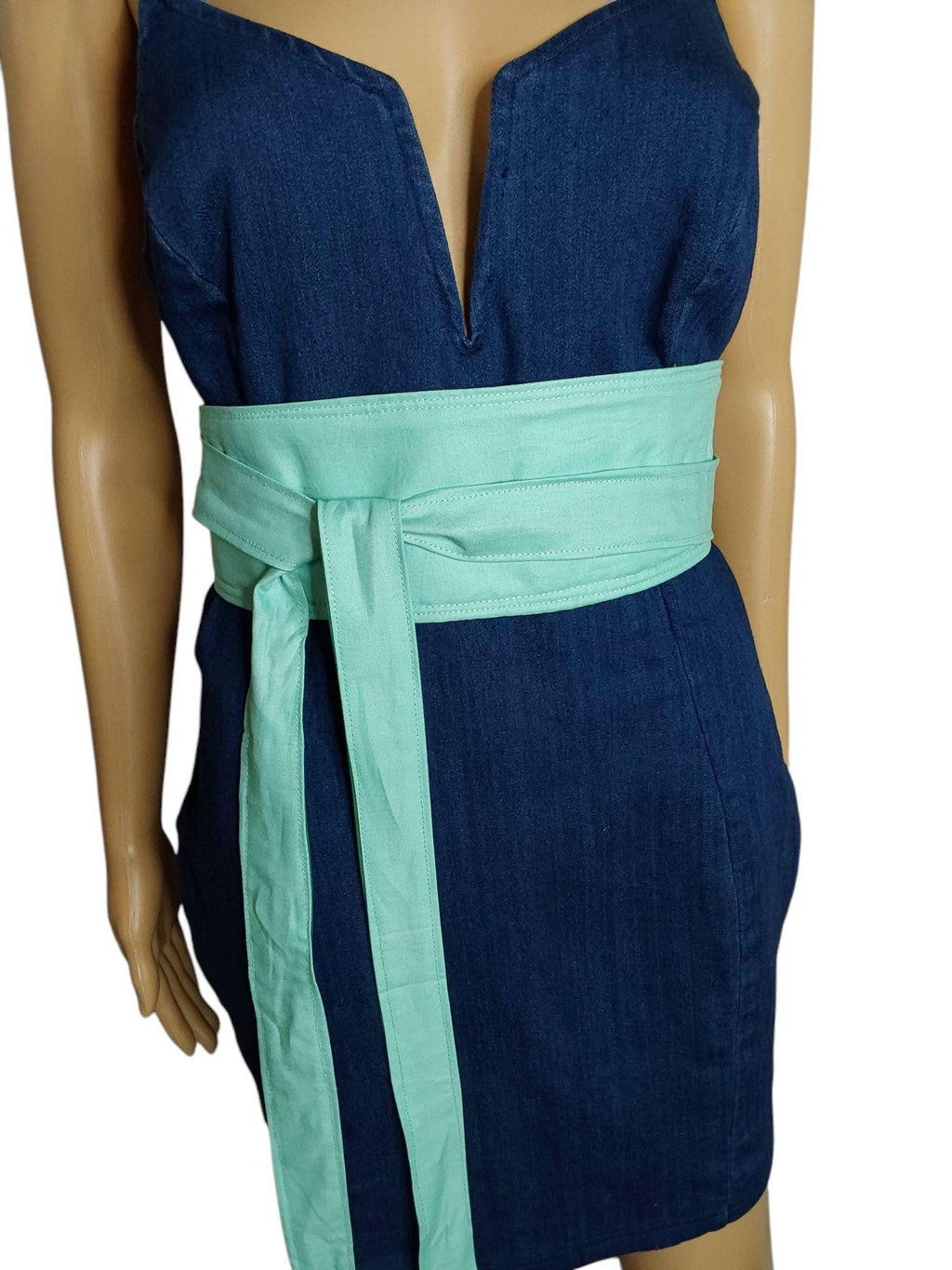 Reversible Obi Belt: Handmade Forest Green & Light-Cyan Cotton Wrap