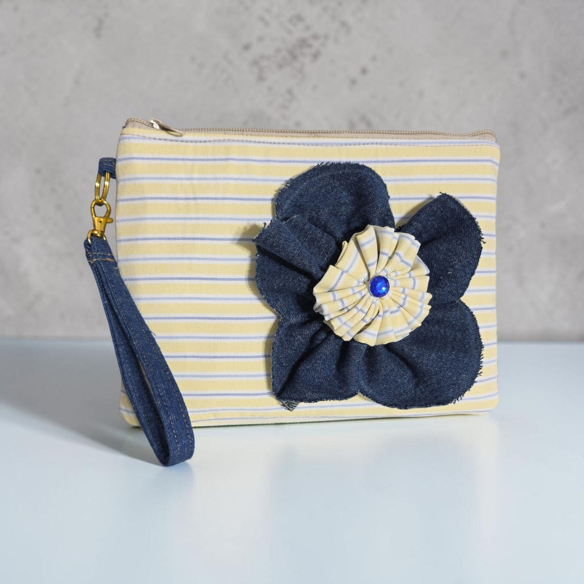 Handmade Obi Belt and Matching Zipper Pouch Set | Denim & Stripe Cotton | Women's Accessories
