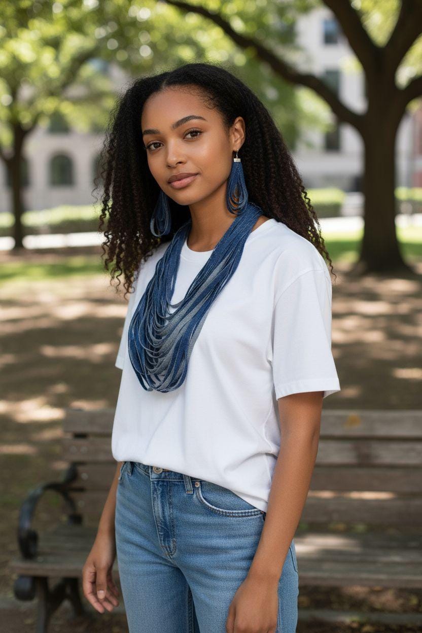 Handmade Layered Denim Necklace and Earring Set, Eco-Friendly Statement Jewelry