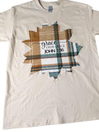 Handmade Christian T-Shirt | John 1:16 Plaid Patch Tee