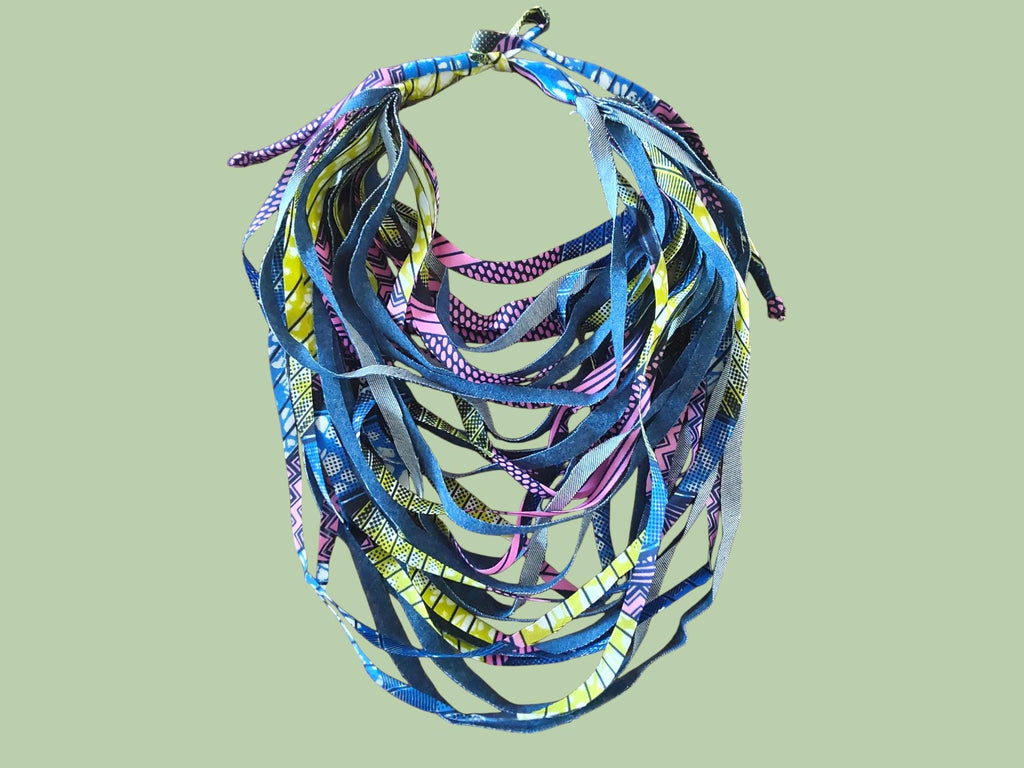 Handcrafted African Print Fabric Strip Necklace: Boho Denim Bib