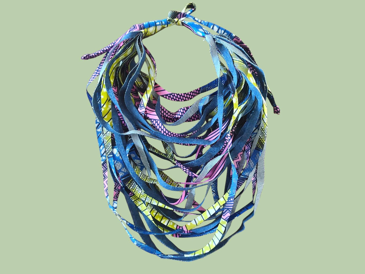 Handcrafted African Print Fabric Strip Necklace: Boho Denim Bib