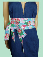 Peppermint Swirl Reversible Obi Belt | Festive Wrap Belt | Colorful Cotton Waist Cincher | Handmade