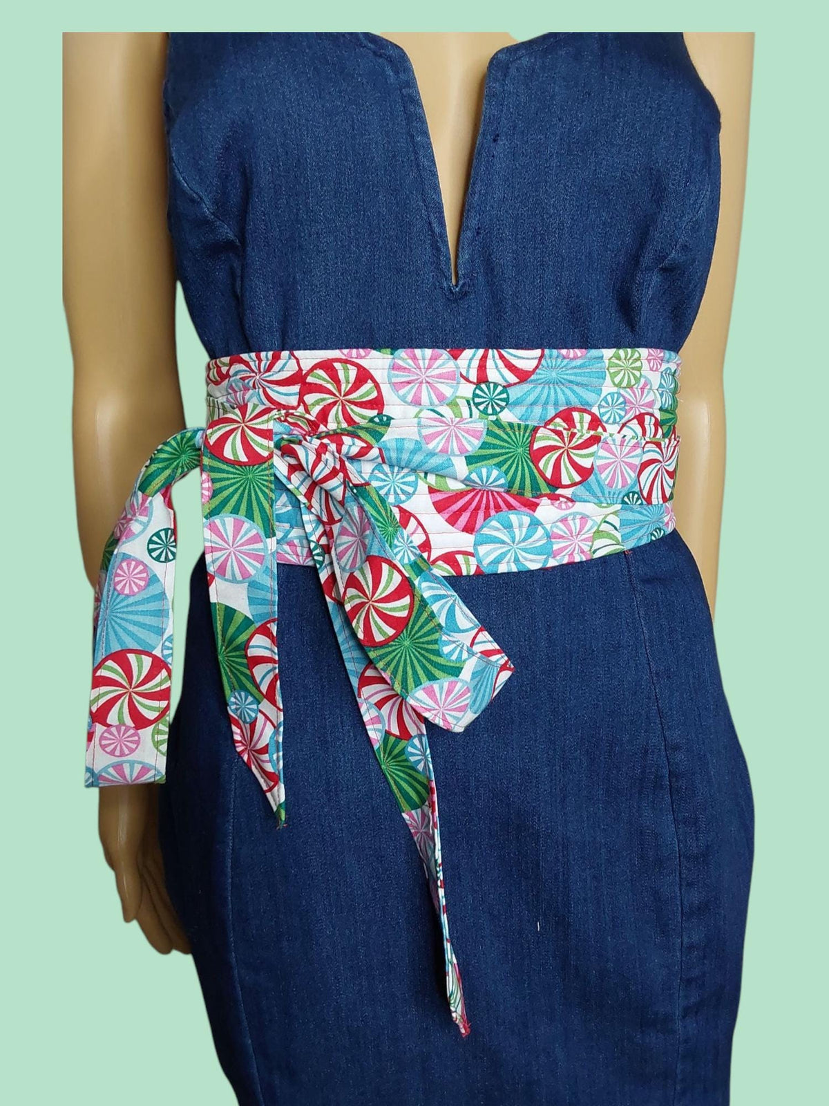 Peppermint Swirl Reversible Obi Belt | Festive Wrap Belt | Colorful Cotton Waist Cincher | Handmade