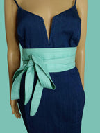 Reversible Obi Belt: Handmade Forest Green & Light-Cyan Cotton Wrap