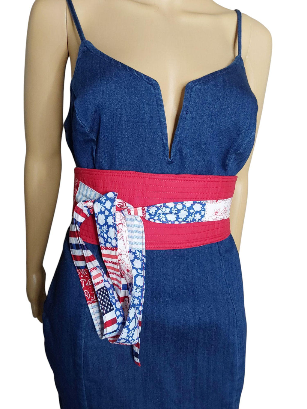 Red, White & Blue Patriotic Obi Belt – Handmade Reversible Cotton Wrap Waist Tie