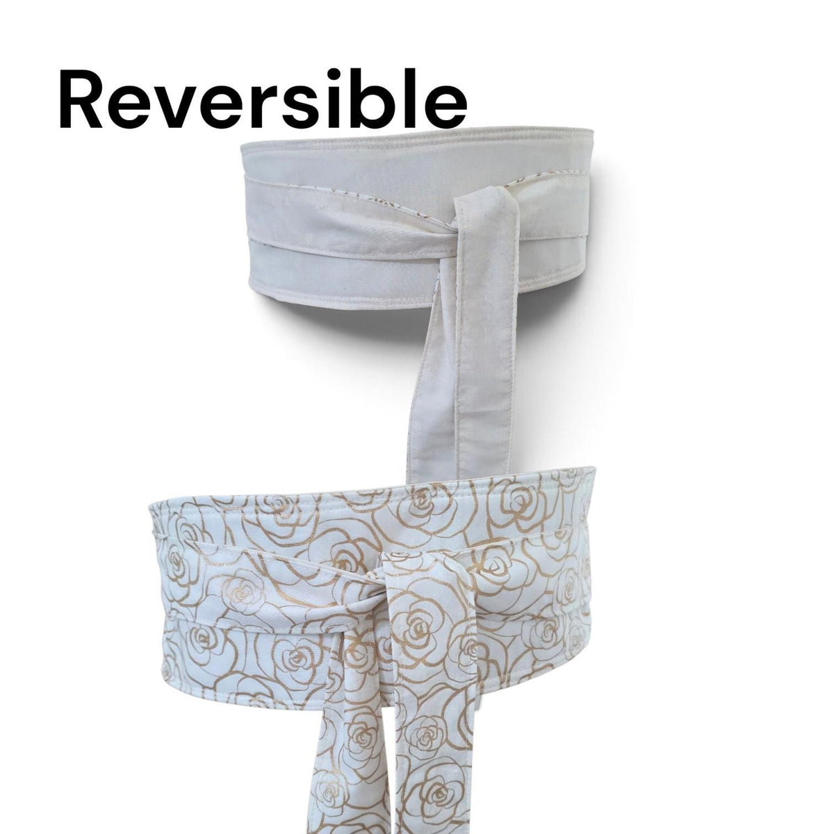 Reversible Gold Rose Floral Obi Belt – Cream Wrap Waist Accessory (Handmade)