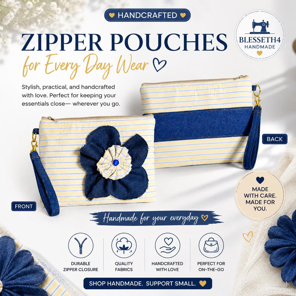 Handmade Obi Belt and Matching Zipper Pouch Set | Denim & Stripe Cotton | Women's Accessories