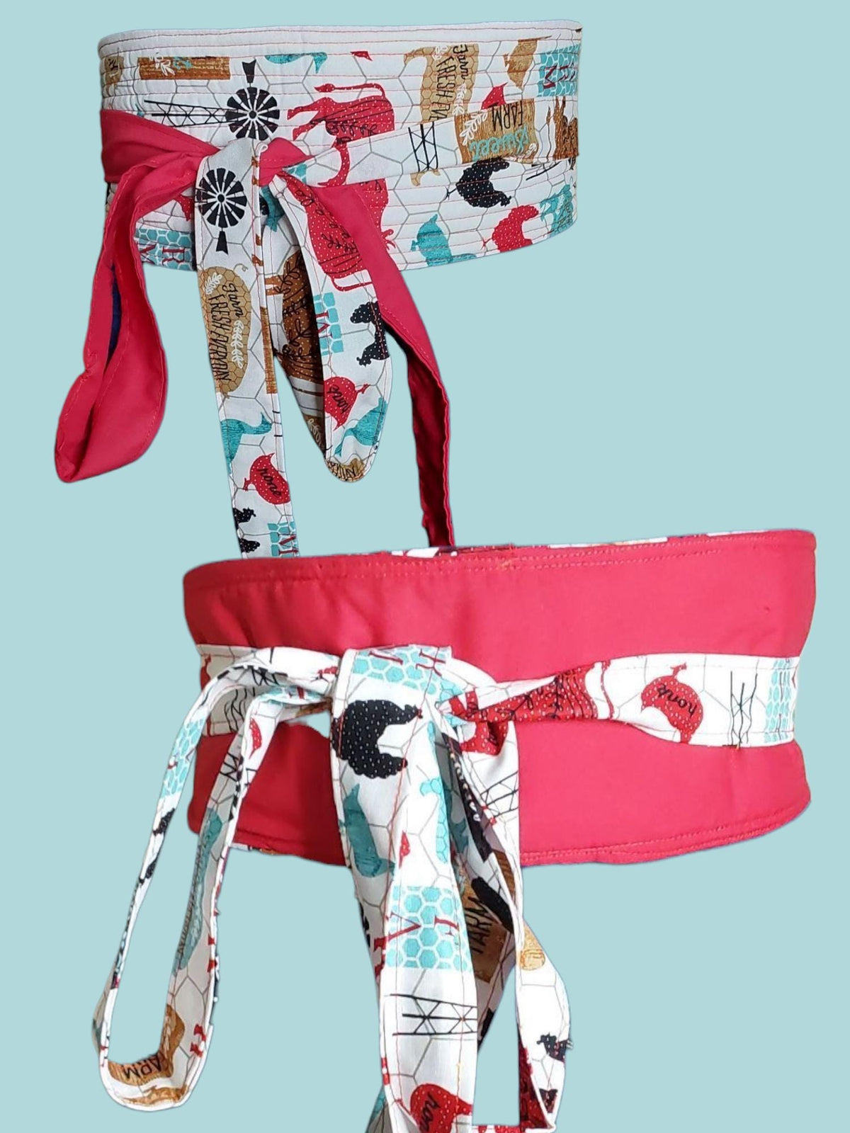 Reversible Obi Belt: Travel Print & Solid Red Cotton Waist Wrap