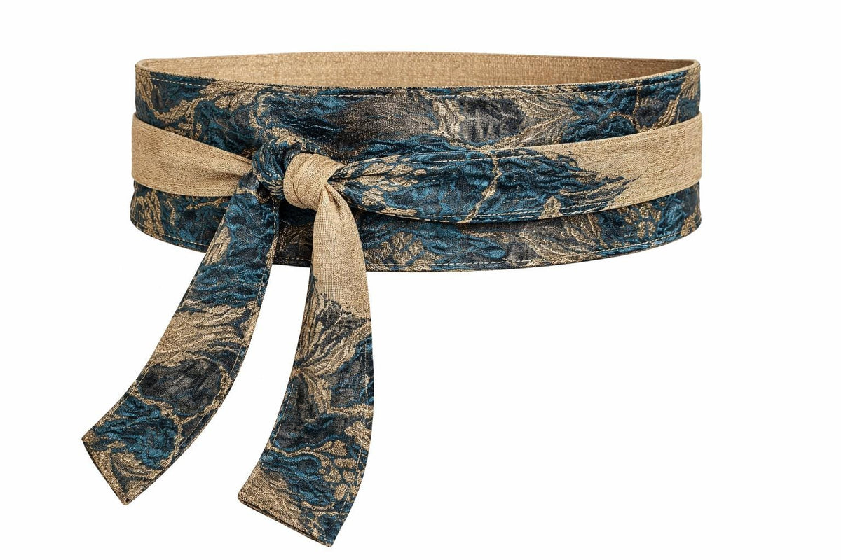 Reversible Lace Obi Belt – green Gold Wrap, Wide Waist Cincher, Handmade Fabric Belt