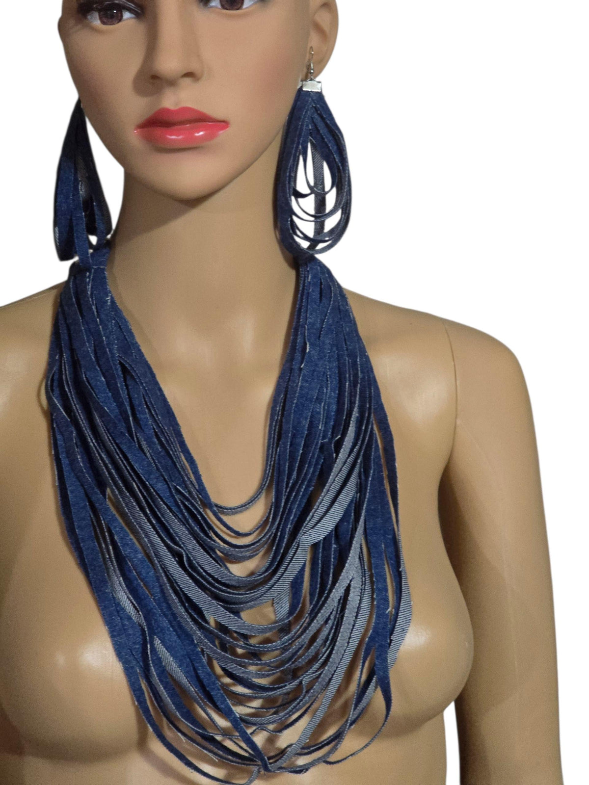 Handmade Layered Denim Necklace and Earring Set, Eco-Friendly Statement Jewelry