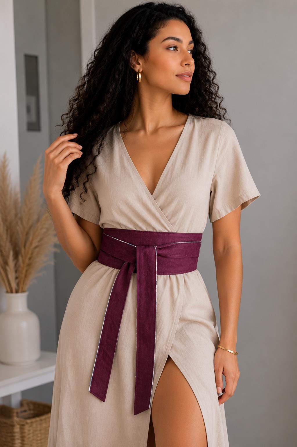 Reversible Paisley Burgundy Obi Wrap Belt | Wide Cotton Waist Tie Sash