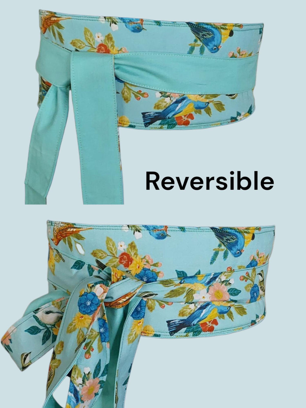 Reversible Obi Belt: Handmade Cotton Floral Bird Print Waist Wrap