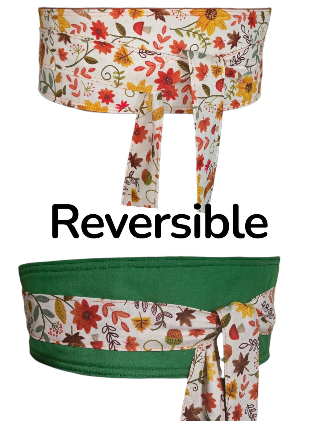 Reversible Fall Floral Obi Belt – Handmade Wrap Belt in Mustard, Green, and Autumn Blooms
