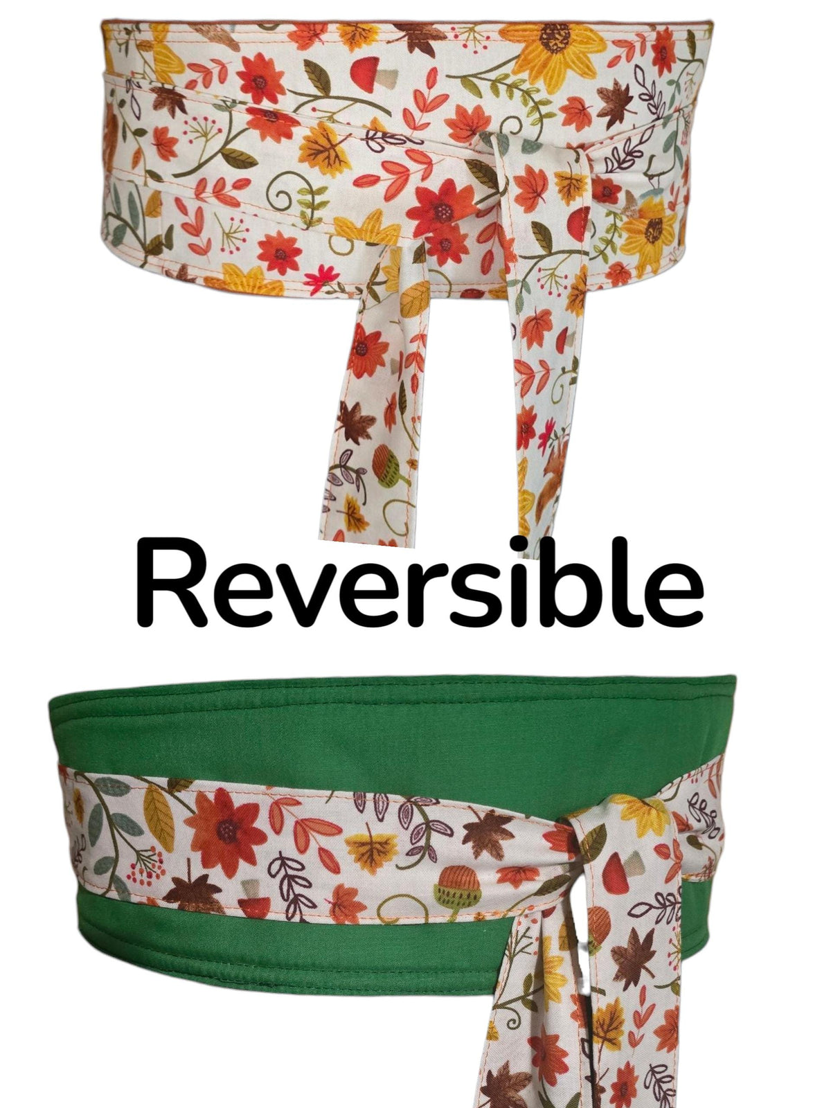 Reversible Fall Floral Obi Belt – Handmade Wrap Belt in Mustard, Green, and Autumn Blooms