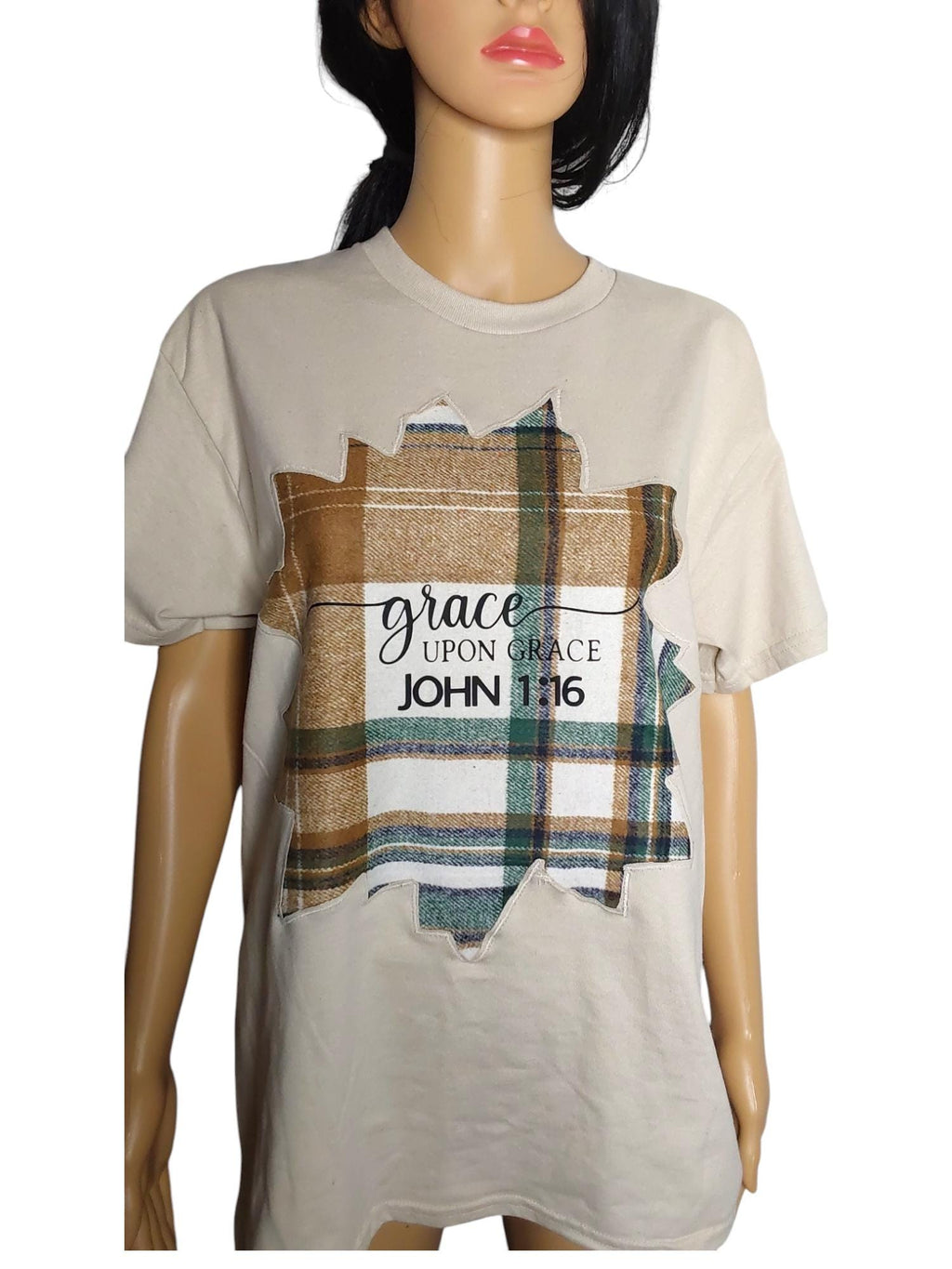 Handmade Christian T-Shirt | John 1:16 Plaid Patch Tee