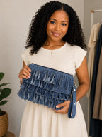 Handcrafted Denim Fringe Zipper Pouch, Boho Wristlet Clutch Bag