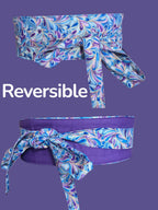 Reversible Obi Belt: Purple & Blue Swirl Cotton Wrap Waist Tie