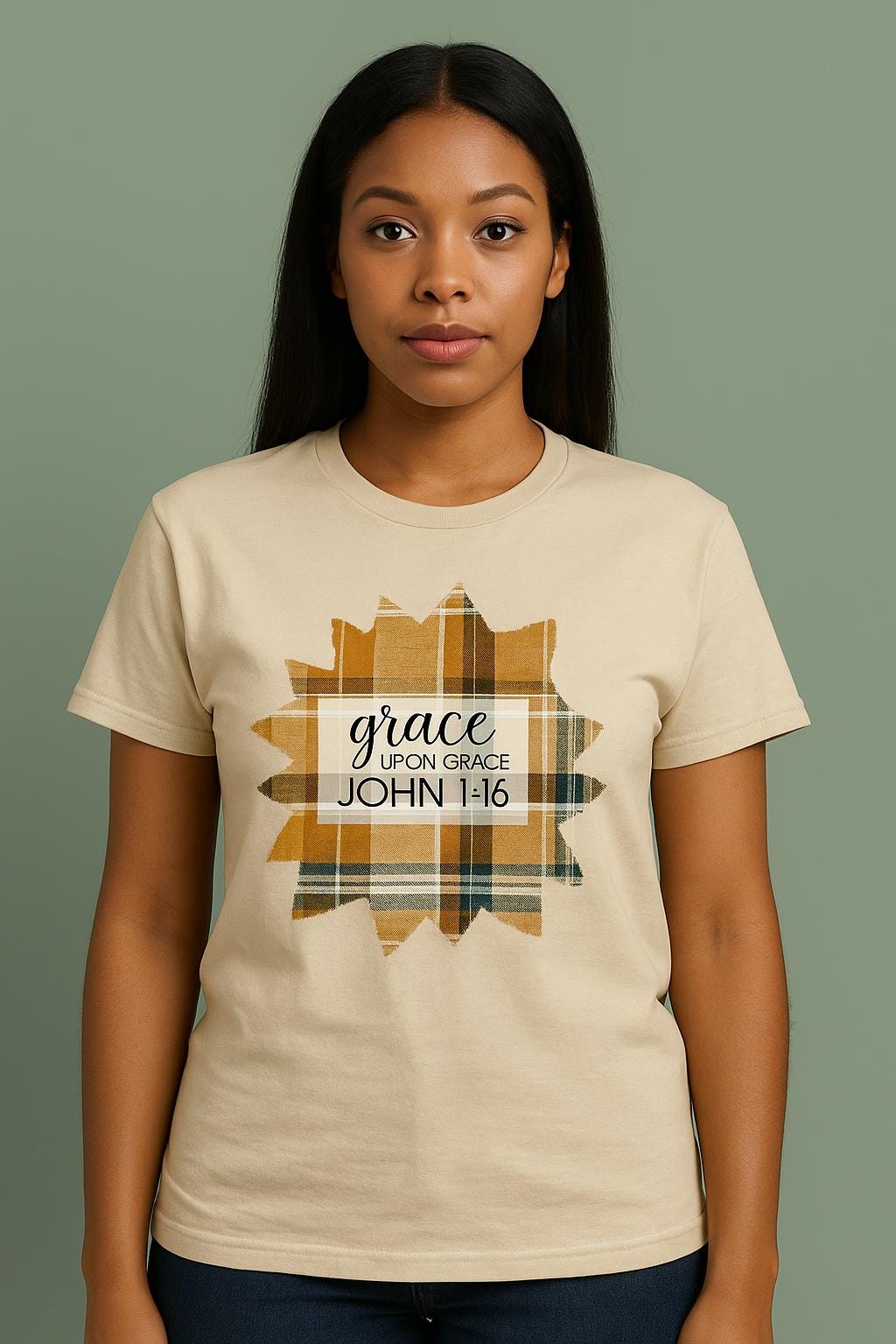 Handmade Christian T-Shirt | John 1:16 Plaid Patch Tee
