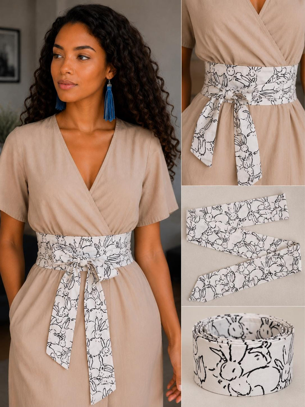 Handmade Cotton Bunny Print Obi Belt | Adjustable Wrap Waist Tie