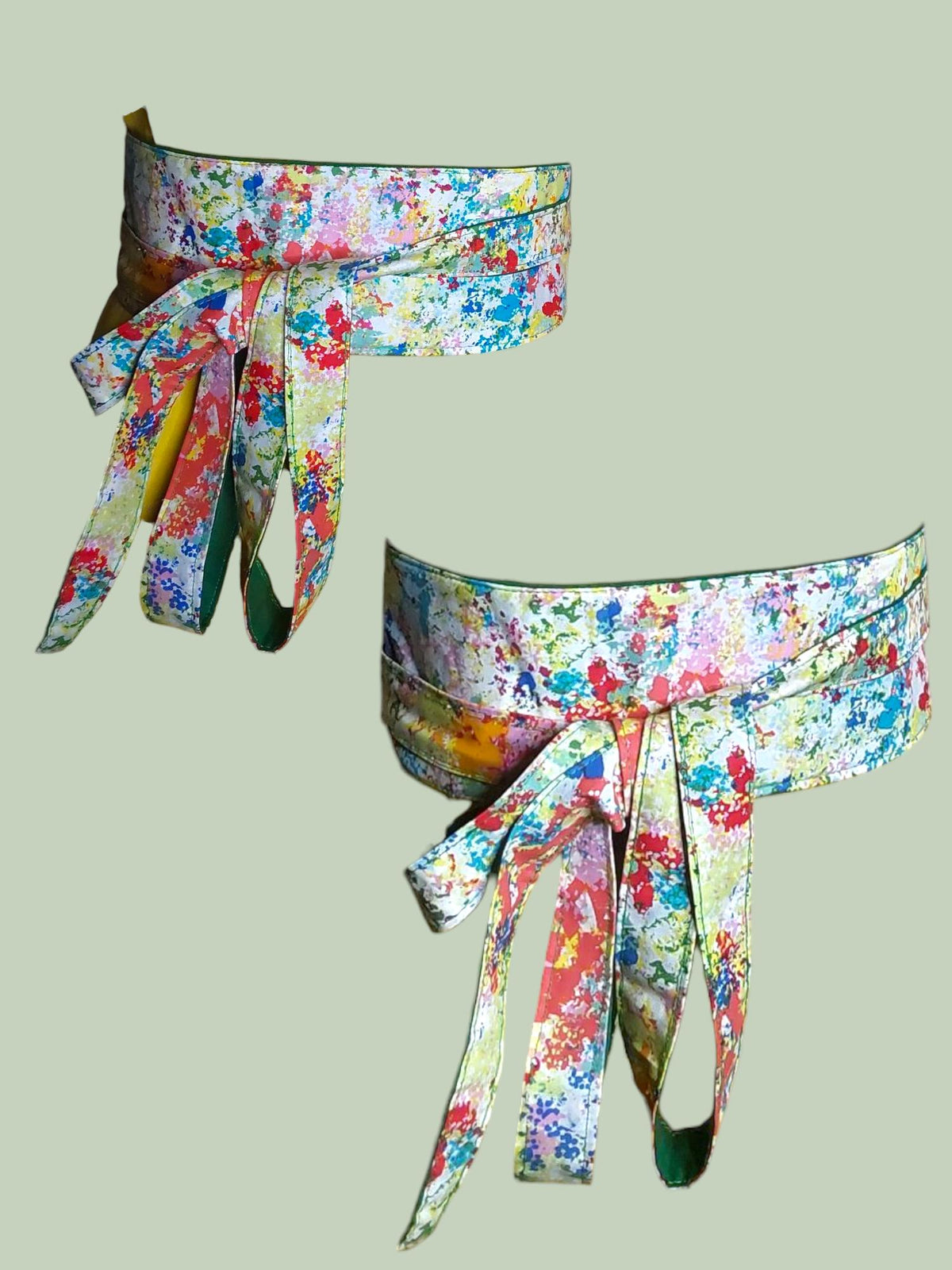 Reversible Obi Belt: Green & Multicolor Paint Splatter, Handmade Cotton Wrap