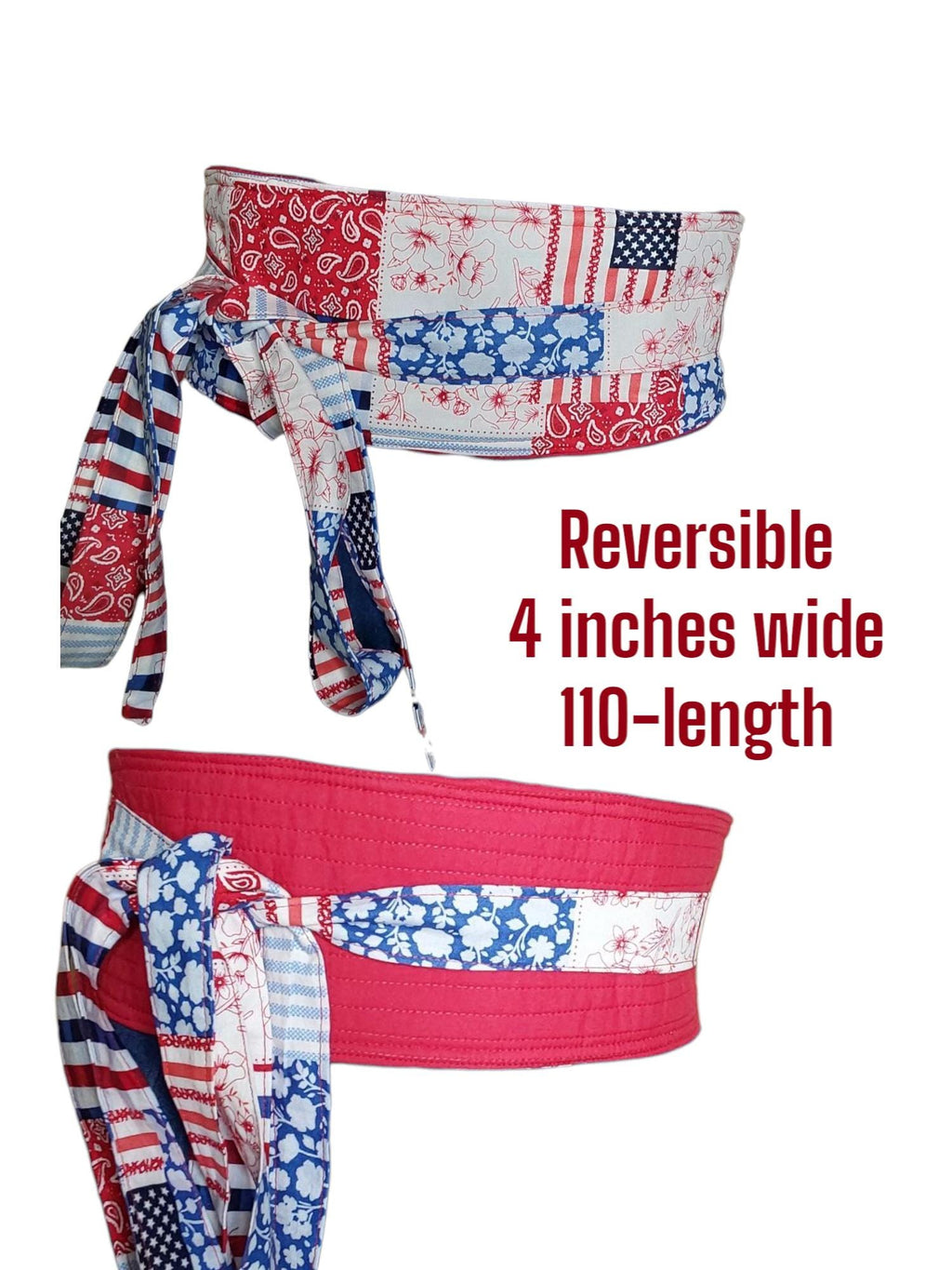 Red, White & Blue Patriotic Obi Belt – Handmade Reversible Cotton Wrap Waist Tie