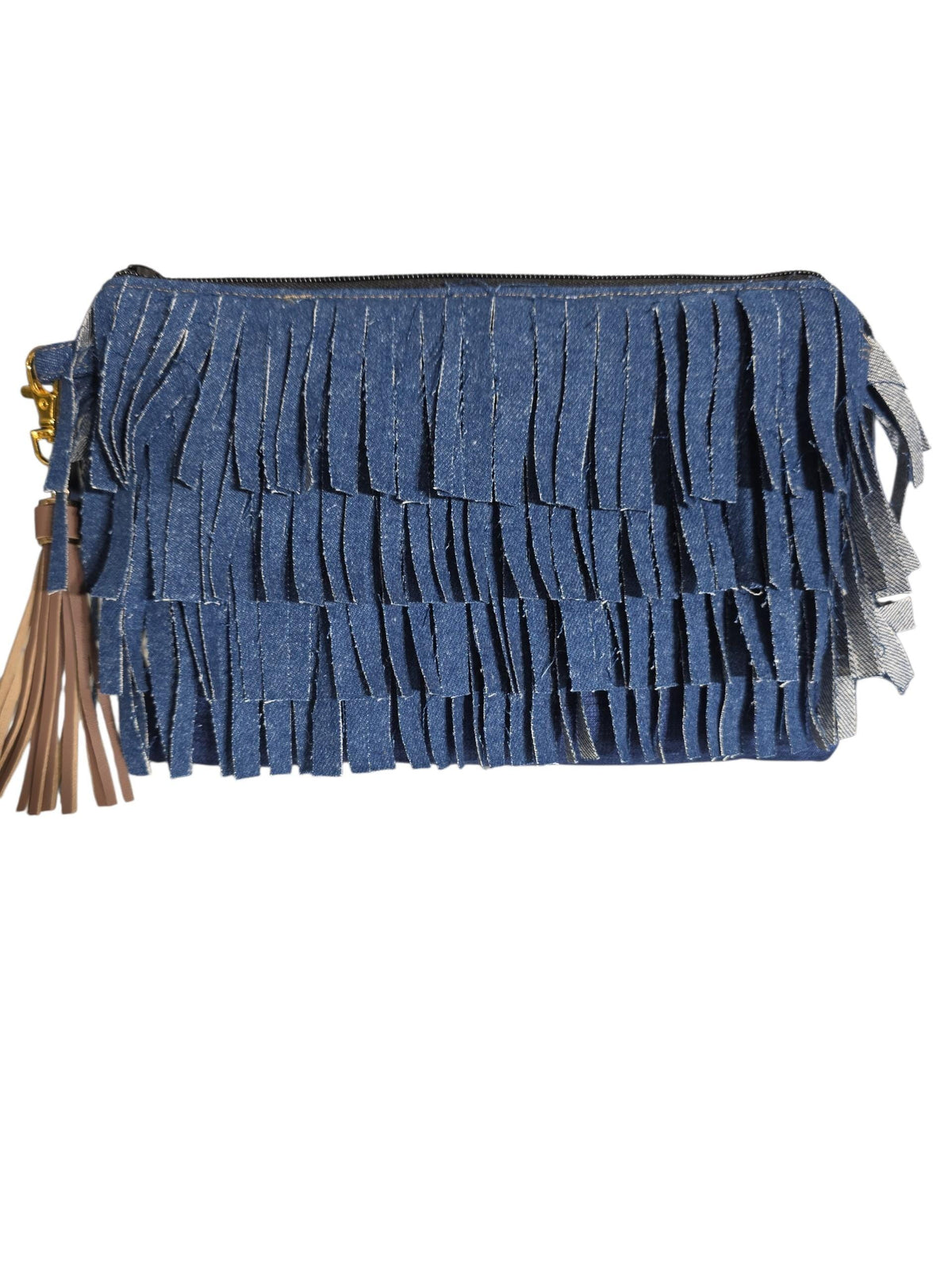 Handcrafted Denim Fringe Zipper Pouch, Boho Wristlet Clutch Bag