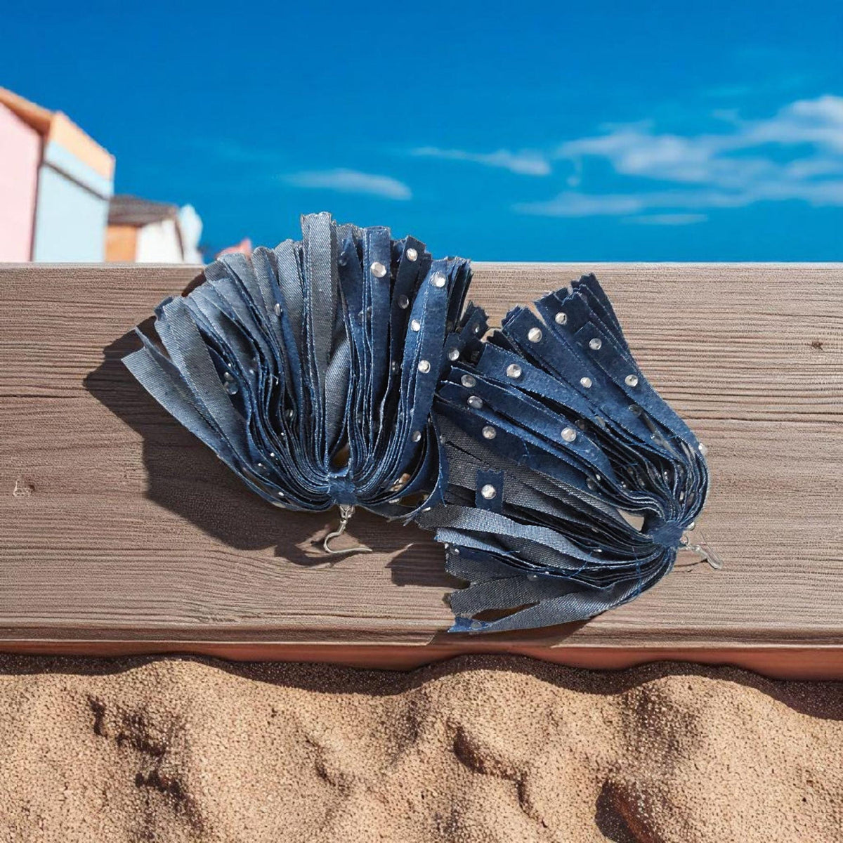Handmade Denim Fringe Statement Earrings | Boho Lightweight Fabric Jewelry with Silver Accents