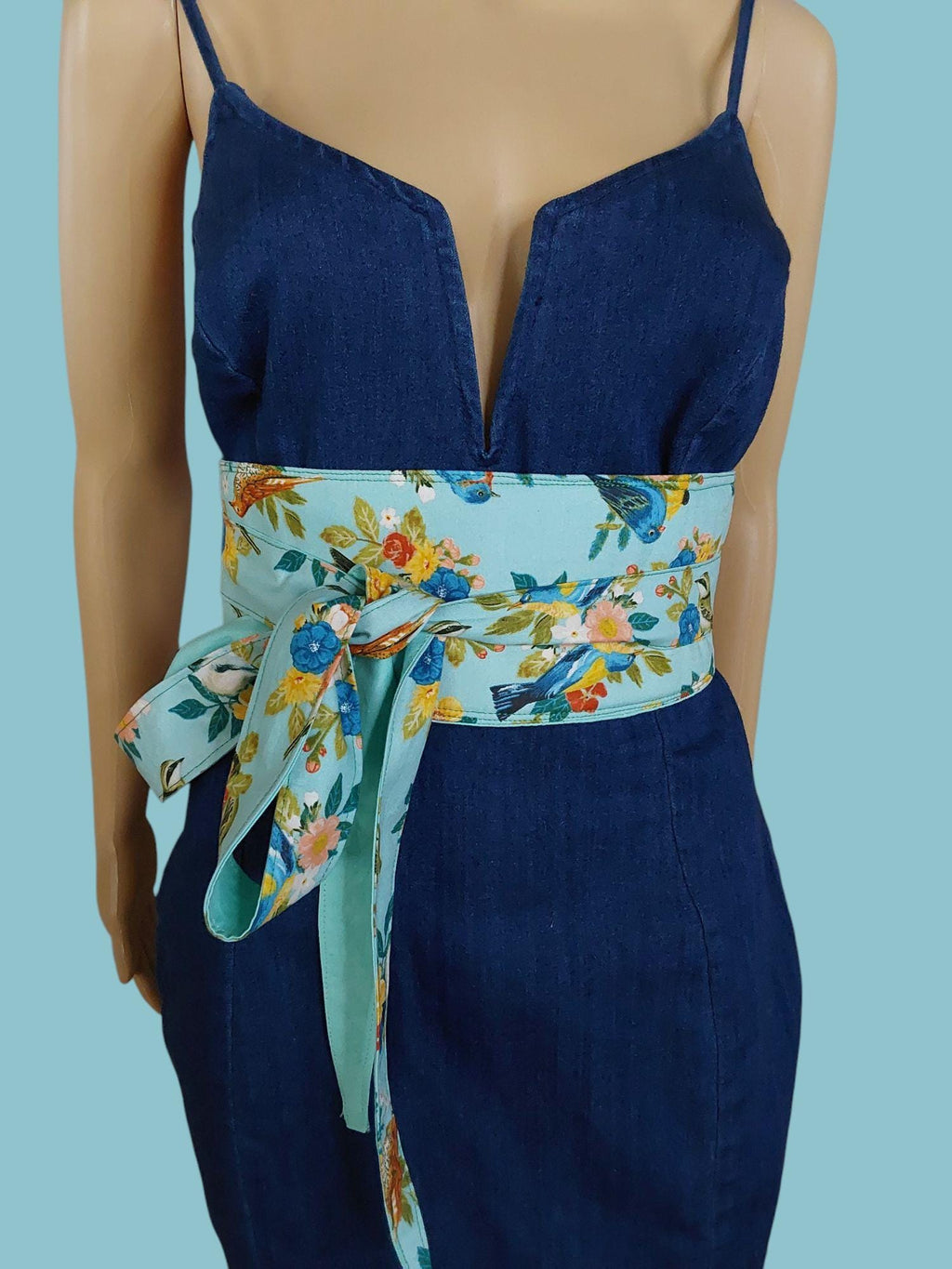 Reversible Obi Belt: Handmade Cotton Floral Bird Print Waist Wrap