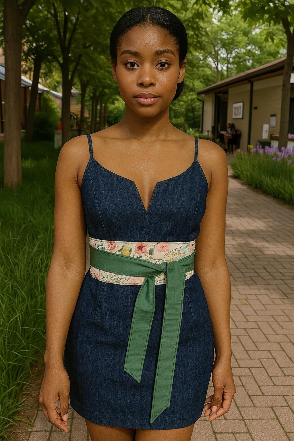Handmade Reversible Obi Belt Floral & Dark Green Wrap Handmade Cotton Waist