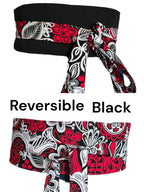 Handmade Reversible Obi Belt: Red & Black Floral Cotton Wrap