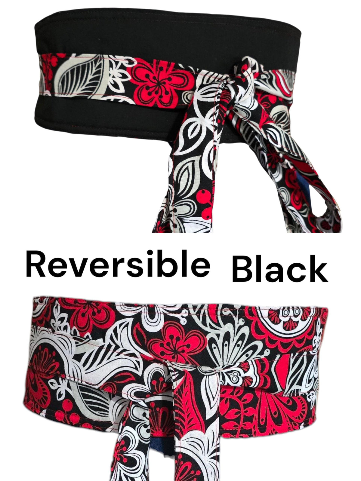 Handmade Reversible Obi Belt: Red & Black Floral Cotton Wrap