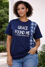 Handmade Christian T-Shirt | John 1:16 Plaid Patch Tee