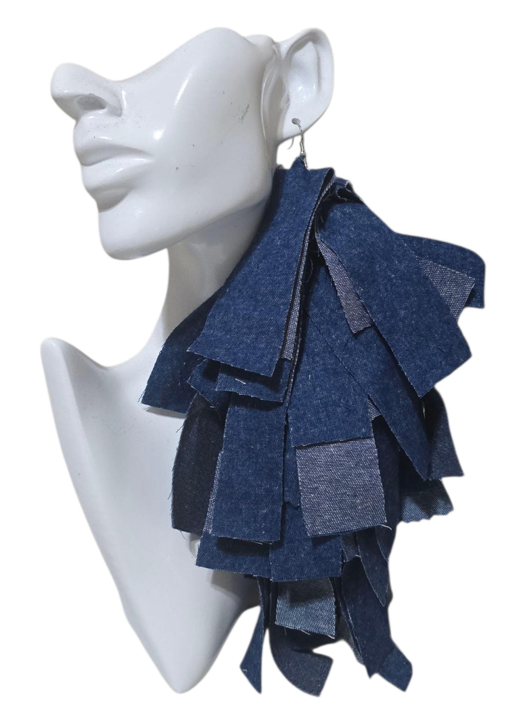 Handmade Denim Fringe Statement Earrings | Boho Lightweight Fabric Jewelry with Silver Accents